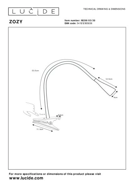 Lucide ZOZY - Lampe à pince - LED Dim. - 1x4W 3000K - 3 StepDim - Noir - TECHNISCH